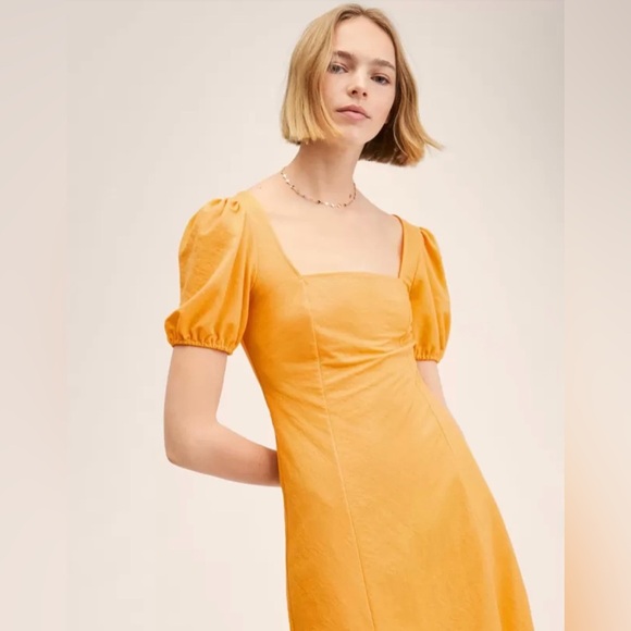 MNG MANGO Yellow Solid A-Line Puff Sleeve Mini Dress - Picture 6 of 12